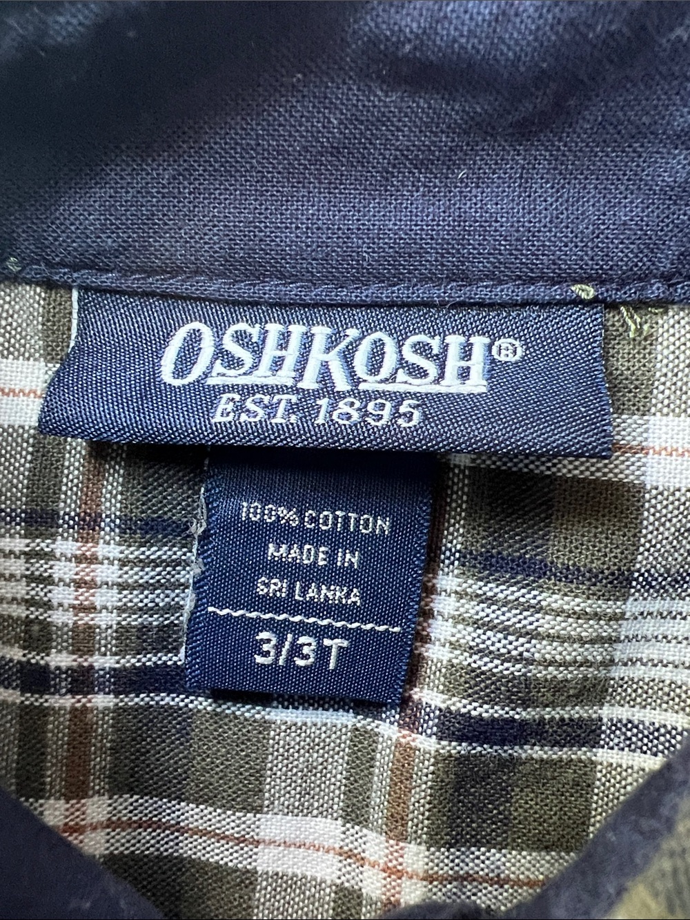 OshKosh B'gosh | 100% Cotton Olive Cream Navy Plaid Button-Down Shirt NWT Sz 3T - Picture 15 of 16